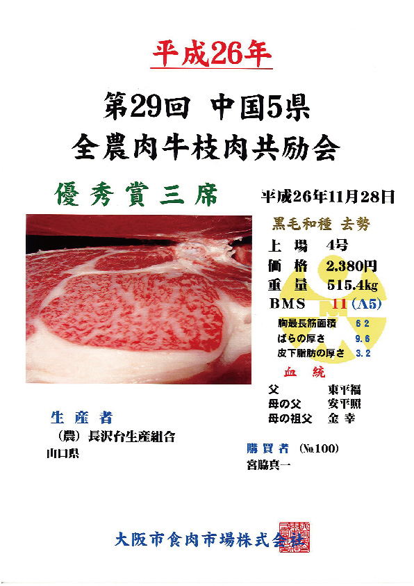 第29回　中国5県　全農肉牛枝肉共進会　優秀賞三席